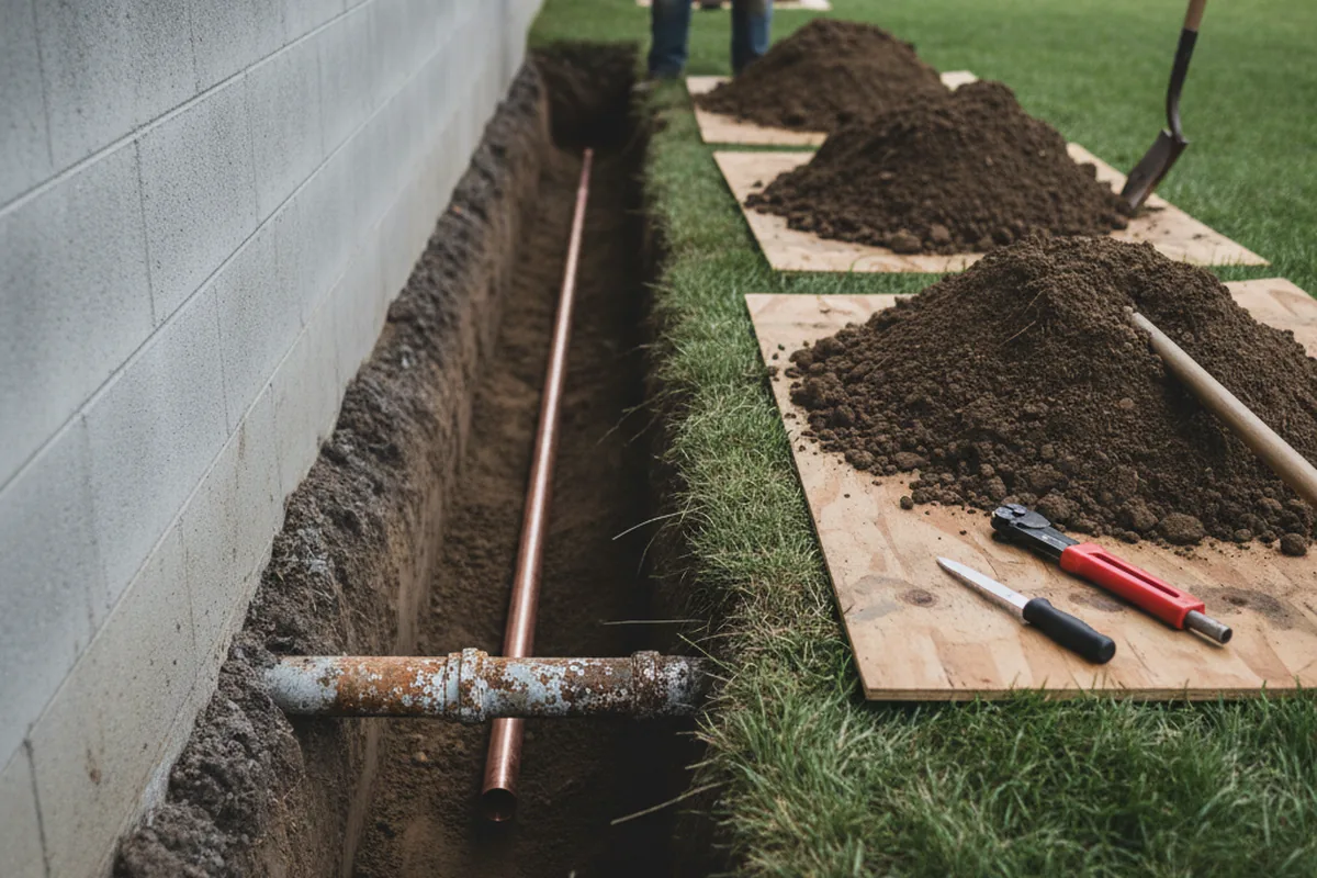 Excavated water line trench during Sewer Line Repair in New Woodstock